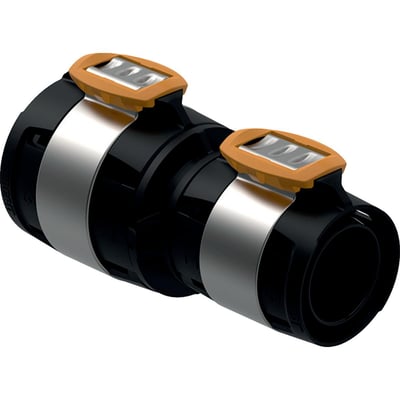 Geberit FlowFit reduktion i sort PPSU med dimensioner 75x63mm og orange klik-låse.