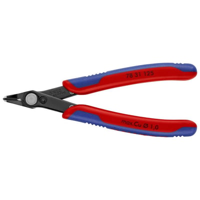 Detaljeret billede af Knipex afisoleringsværktøj, der viser to-komponent greb med mærkning '78 31 125' og 'max. Cu Ø 1,0'.