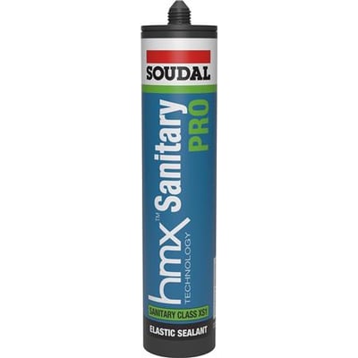 Soudal hmx Sanitary PRO elastic sealant tube in white, showing "Sanitary Class XS1 Elastic Sealant" text.