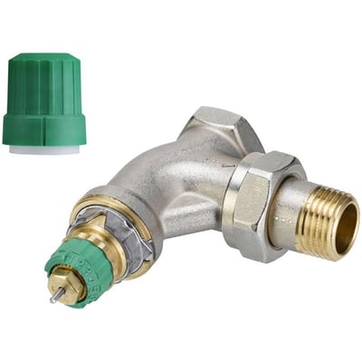Danfoss RA-DV ventilhus i messing med grøn justeringshætte ved siden af. Måler 3/8" og er forniklet.