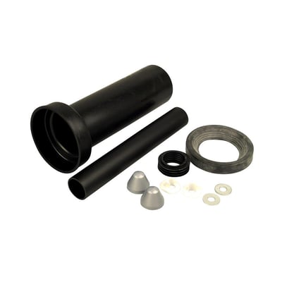 Geberit forlænget ferulesæt med skyllerør, ferole, manchet, 2 dækkapper og fastgørelsesmaterialer lagt ud.