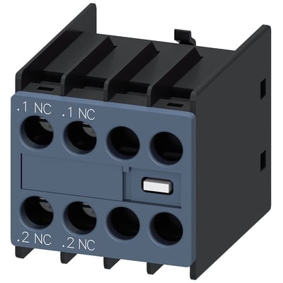 Siemens hjælpeblok front 3RH2911-1HA02 med 2 NC kontakter og skrueterminaler på sort baggrund.