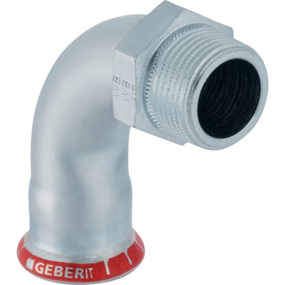 Geberit Mapress FZ bøjning 90 grader, 42 mm muffe til 1 1/2" gevindnippel, forzinket stål med rød mærkat.