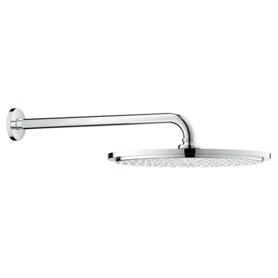 Grohe Cosmopolitan hovedbruser med 380 mm brusearm i blank krom, med en Ø 310 mm Rain stråleplade med mange små huller.