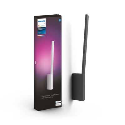 Philips Hue Liane væglampe i sort, præsenteret med dens emballage der viser lys-effekter.