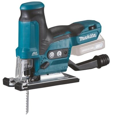 Makita stiksav JV102DZ i turkis og sort med gummibelagt greb og synlig batteri på hvid baggrund.