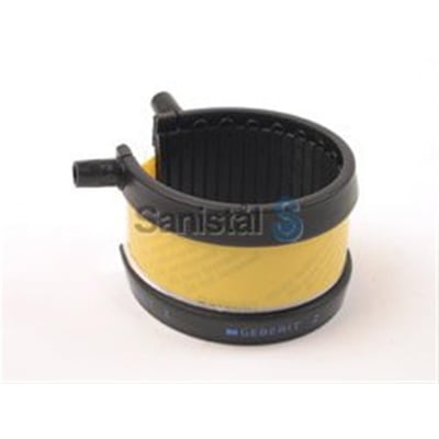 Geberit Fixpunkt svejsebånd Ø160 mm med gul tape påsat, klar til svejsning af PEH afløbsrør.