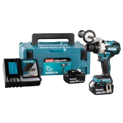 Makita DDF486RTJ 18V bore- og skruemaskine med 2x5,0Ah batterier, lader og Makpac kuffert, vist samlet.