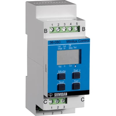 Niko Minilux Control med display, 230V lysstyringsenhed med LCD-skærm og betjeningsknapper monteret på DIN-skinne.