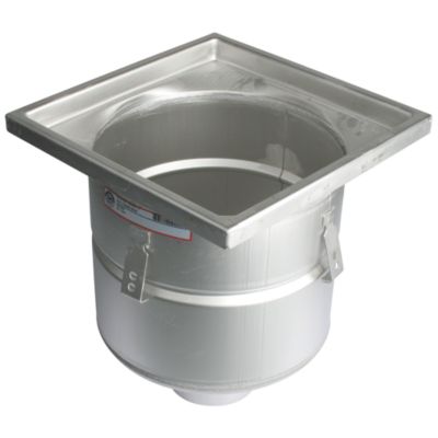 Blücher industrigulvafløb i syrefast stål med 300x300 mm ramme og lodret Ø110 mm udløb.