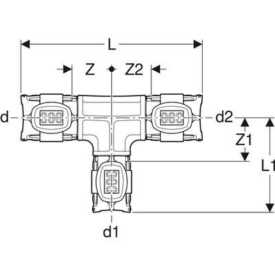 Teknisk tegning af Geberit FlowFit T-stykke 20x16x20mm i sort PPSU med dimensioner angivet.