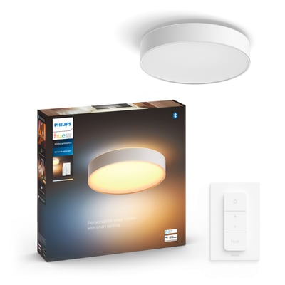 Philips Hue Enrave loftlampe i hvid, White ambiance, med Bluetooth og Zigbee, samt dens emballage og lysdæmper kontakt.