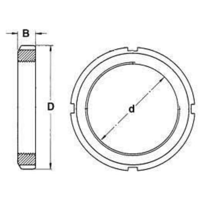 SKF låsemøtrik KM 21 vist som en teknisk tegning med dimensionerne D og B samt indvendig diameter d angivet.