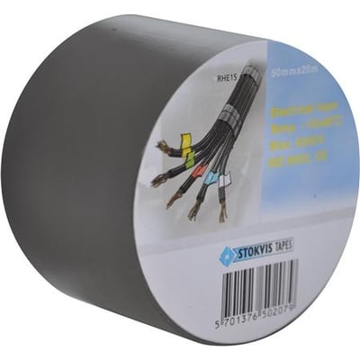 Stokvis PVC tape i grå, 50 mm x 20 m, med mærkning der viser elektriske kabler og godkendelser.