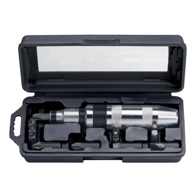 Bahco slagskruetrækkersæt 7865 med 15 dele i en åben, sort plastkasse, der viser slagskruetrækkeren og forskellige bits.