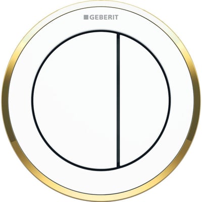 Geberit Omega10 skyllebetjeningsplade i hvid med guldkant, pneumatisk til dobbeltskyl og indbygget betjening.