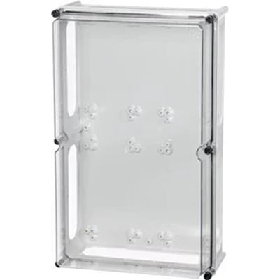 Transparent Fibox kassebund 600x300x130mm med 3 flangeåbninger og monteringspunkter på indersiden.
