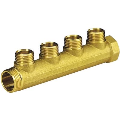 Pettinaroli messing fordelerrør med 3/4" tilslutning og 4x1/2" afgreninger til vand- og varmesystemer.
