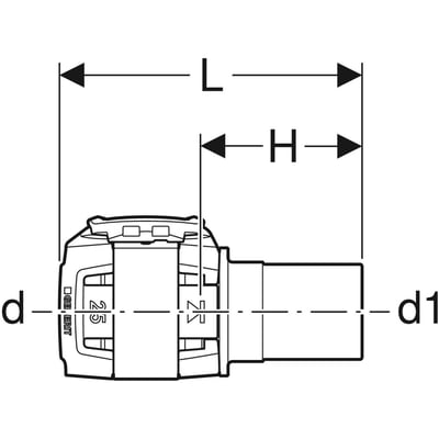 Teknisk tegning af Geberit FlowFit overgang med dimensioner markeret: d, d1, L og H.