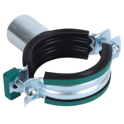 Detaljeret vinkel af Walraven KSB2 Triplo rørbøjle med EPDM gummi og gevind for montering på M8/M10/½" gevind.