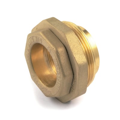 Bagfra vinkel af Isiflo 63 x 40 mm messing reduktionsindlæg, PN16, med fokus på den indvendige gevind og O-ring.