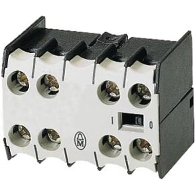 Eaton KM 22 Dil EM hjælpekontakt med 2 slutte- og 2 bryde-kontakter, der viser skrueterminaler og en lille afbryder.