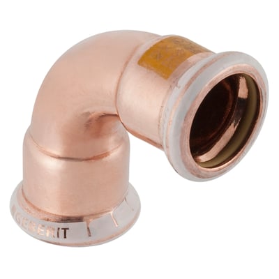 Geberit Mapress CUG kobberbøjning på 22 mm og 90° med muffeender, set skråt forfra med åbningen synlig.