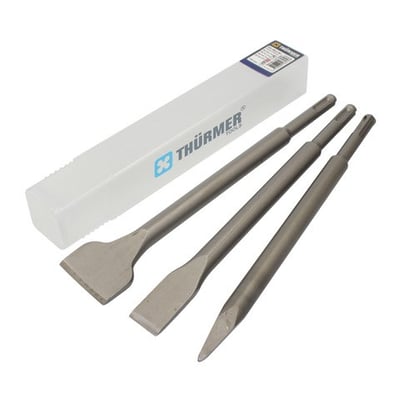 Thürmer SDS-plus meiselsett med spissmeisel, flatmeisel og bredmeisel, alle 250 mm, lagt diagonalt ved siden av etui.