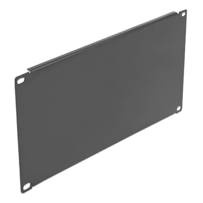 Svart DeLock-dekkplate til 19″ nettverksskap i 4U, vist skrått forfra med monteringshull i hjørnene.