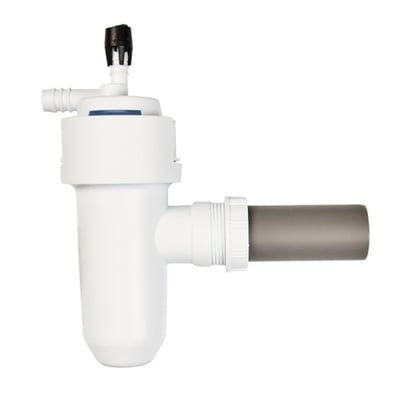 BWT specialvandlås i hvid plast med 2" tilslutning, 150x150x80 mm, vist med afløbs- og overløbsslanger.