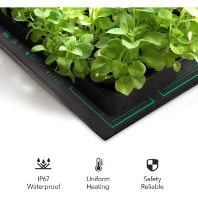 LEDlife varmemåtte til forspiring af frø med planter, viser IP67 vandtæt, ensartet opvarmning og sikkerhedsmærker.