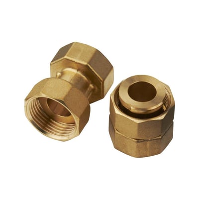 Nærbillede af Roth koblingssæt i messing, viser detaljer på gevind og omløber til samling af fordelerør.