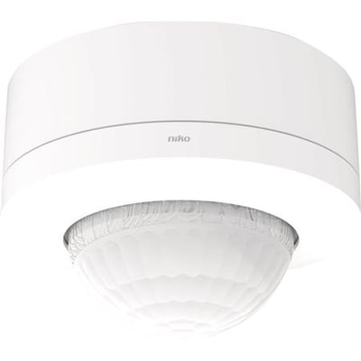 Niko Bevægelsessensor M48HC DALI-2 master til højloft montering, vist på hvid baggrund med 360° sensor og 18-53m rækkevidde.