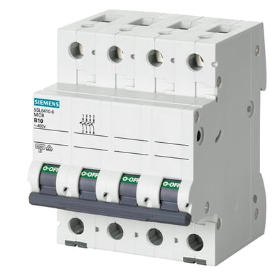 Siemens automatsikring 5SL6410-6 MCB med 20A, 6kA brydeevne, 3P+N og B-karakteristik på hvid baggrund.