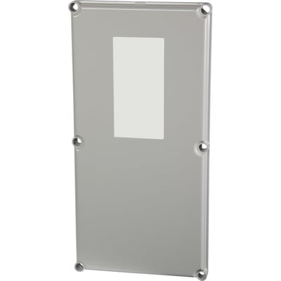 Nærbillede af Fibox EK SOLID dækslet, viser de fire hjørner med skruehuller og den indbyggede rude.