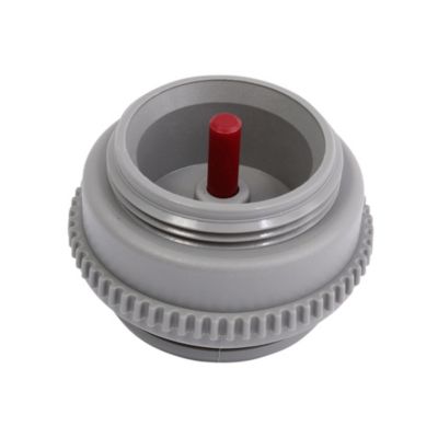 Pettinaroli adapter til telestat i grå plastik med rød stift og M30x1,5 udvendig gevind på hvid baggrund.