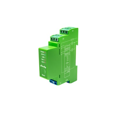 Shelly Pro Dimmer 2PM wifi lysdæmper med 2 kanaler og 2x200W belastning, vist på hvid baggrund med grønne terminaler og statusindikatorer.