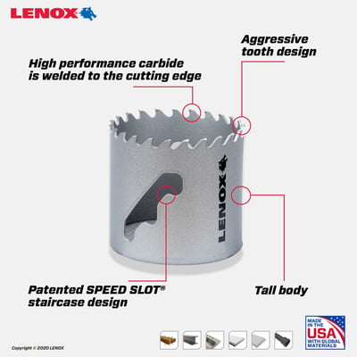 Detaljeret visning af en Lenox Carbide Tipped hulsav med markeringer for karbidtænder, SPEED SLOT® design og USA-fremstilling.