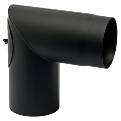 MetalbestoS Knærør 90° med klap i sort metal, Ø200 mm, viser en T-formet forbindelse til skorstensrør.