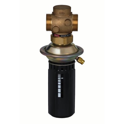 Danfoss AVP 20 differansetrykkregulator med gjengestusser, metallskive og svart innstillingsdel sett forfra.