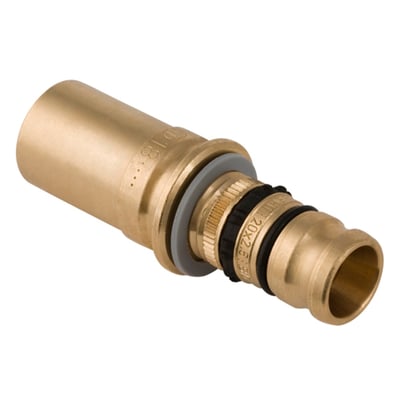 Geberit Mepla til Mapress overgangsstykke i rødgods med dimensionerne 32 x 28 mm og presnippel/presmuffe på hvid baggrund.
