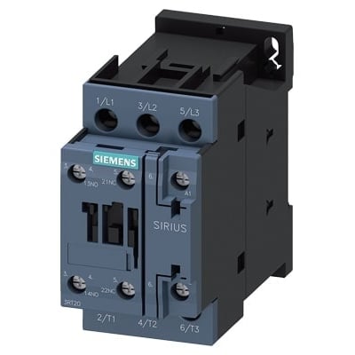 Siemens Sirius 3RT2026 kontaktor med 3 poler, 11kW, 24V AC spole og skrueterminaler.