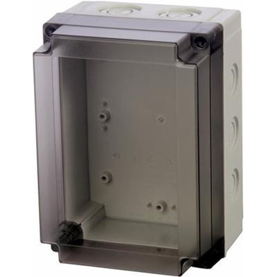 Fibox MNX monteringskasse i lys grå med transparent dæksel, mål 180 x 130 x 125 mm.