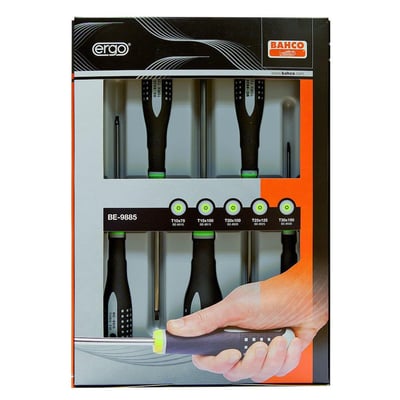 Bahco skruetrækkersæt BE-9885 med 5 Torx skruetrækkere, vist i pakken med et fokus på de ergonomiske skafter og farvekoder.