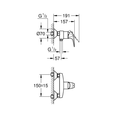 Teknisk tegning af Grohe START Flow etgrebsbatteri, der viser dimensioner for vægmontering og G 1/2 tilslutninger.