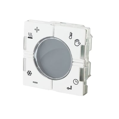 Carlo Gavazzi SHA4XTEMDIS romtermostat i hvitt med rundt temperaturdisplay og symboler på de fire betjeningsfeltene.