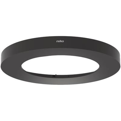 Niko afdækningsring i mørkegrå til P4xMR og M4xMR planforsænkede sensorer, cirkulær form med diskret logo øverst.