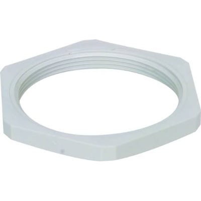 Møtrik til forskruning, PG16 gevind, lavet af lysegråt polystyrol med en nøglestørrelse på 30 mm.