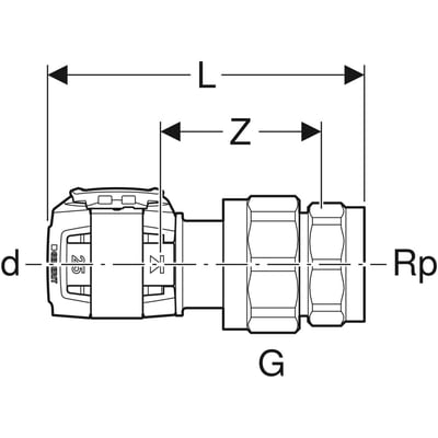 Teknisk tegning af Geberit FlowFit union med dimensioner L, Z, d og Rp angivet, samt mærker på unionen.