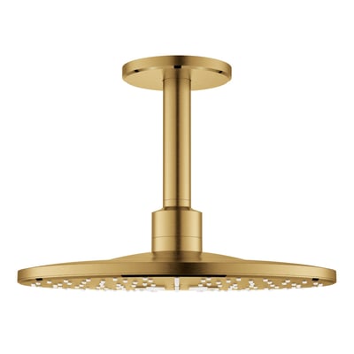 Grohe Rainshower SmartActive hovedbruser i børstet messing, Ø310mm, med loftmonteringsarm og to stråletyper.